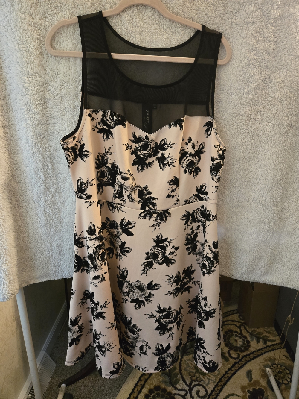 Trixxi Black and Beige Floral Mesh Yoke Dress
